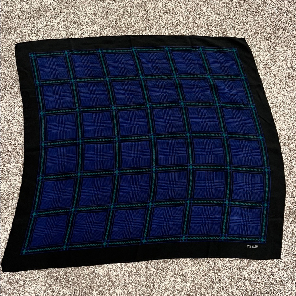 Bill Blass Vintage Silk Scarf Handkerchief Blue Green Black Checker Print